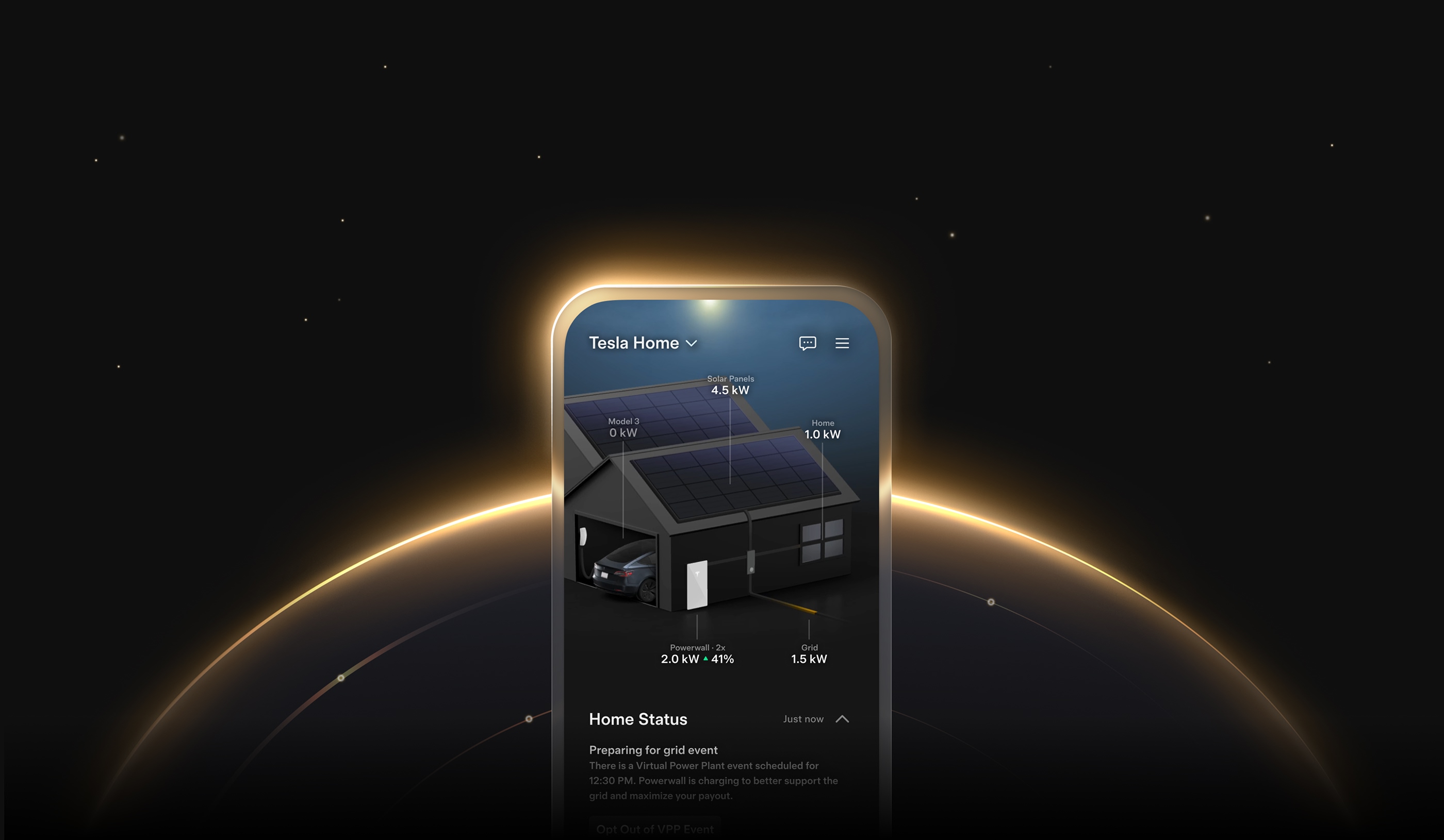 Tesla-app met het energieoverzicht van een woning: zonnepanelen, Powerwall en netaansluiting in een scherm