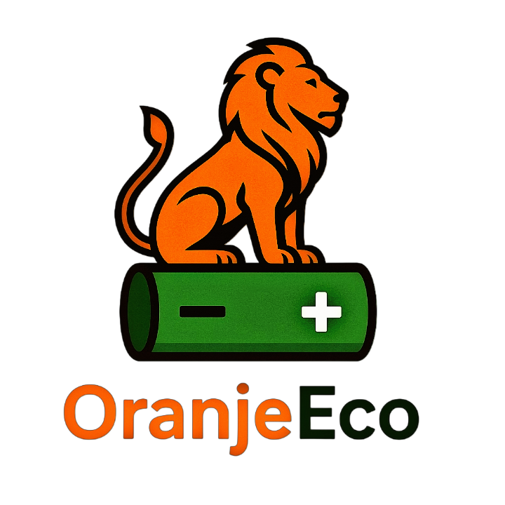 OranjeEco-logo: oranje leeuw op een groene batterij