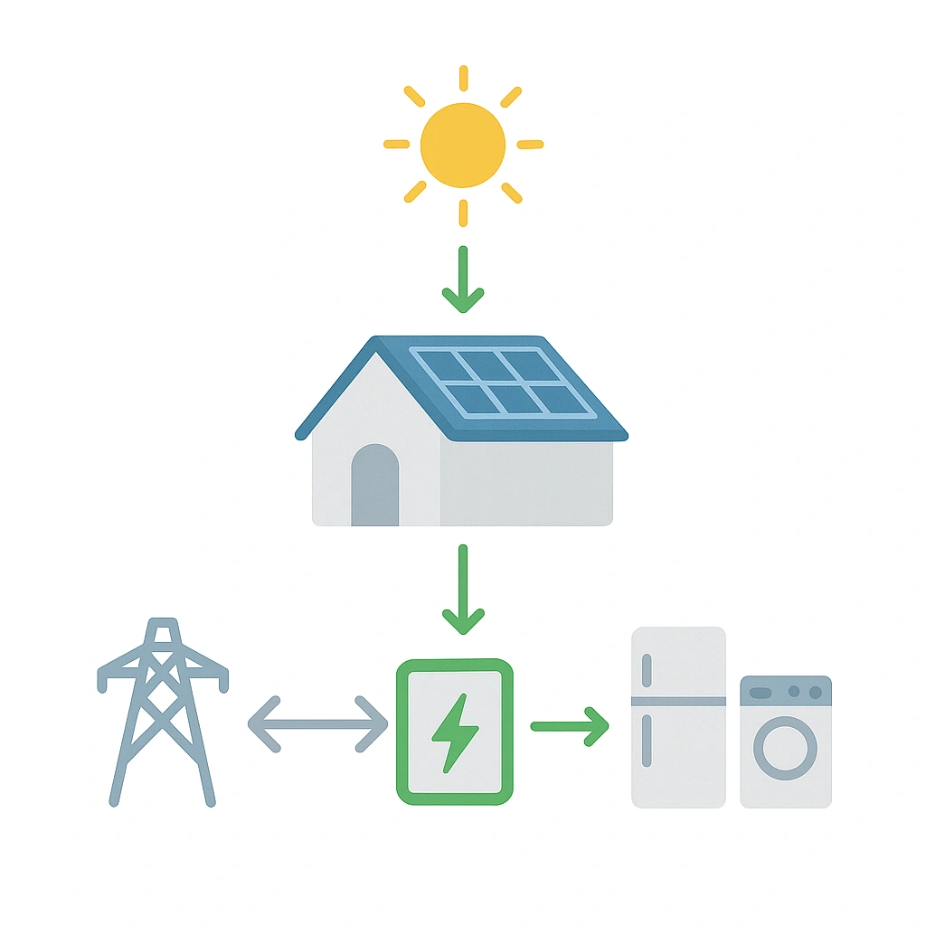 Visualisatie van de energiestroom van zon naar zonnepaneel, batterij, en huis.
